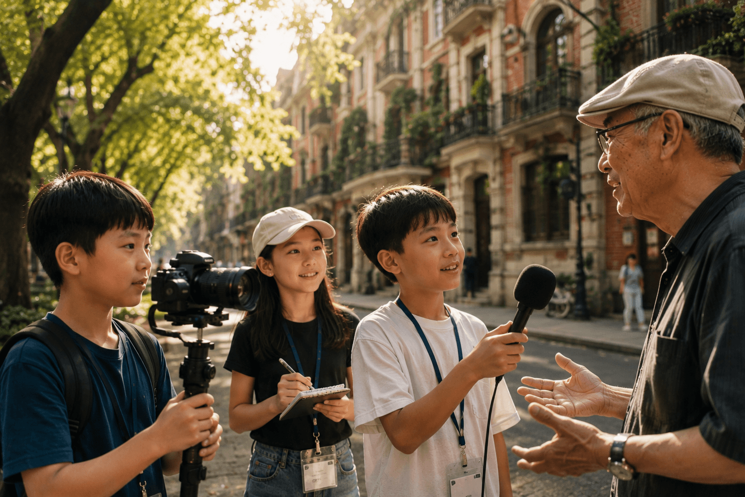 Students filming and interviewing in Shanghai
